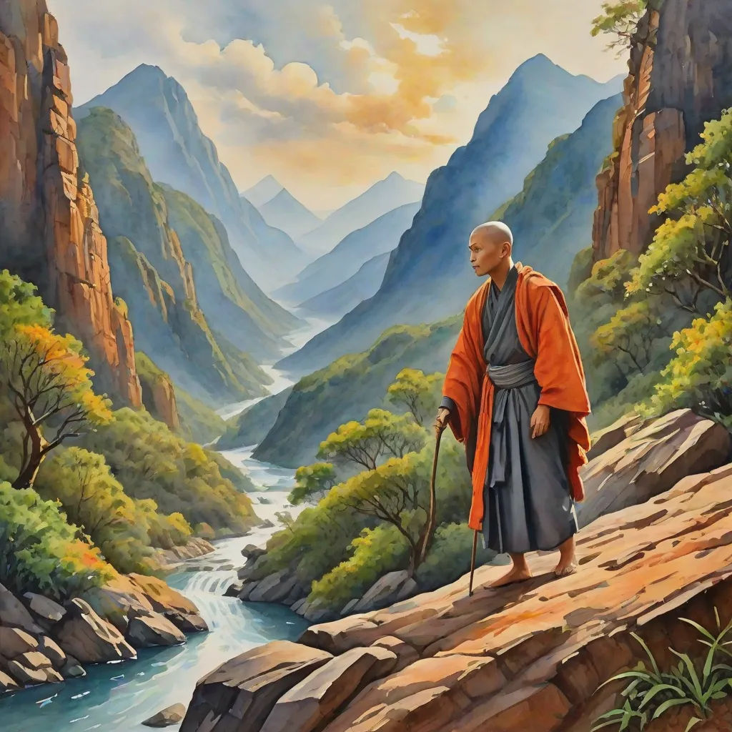 a painting of a man standing on a cliff overlooking a river and mountains with a mountain range in the background, Christophe Vacher, metaphysical painting, a detailed matte painting, tranquil