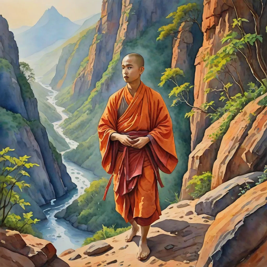 a painting of a monk standing on a cliff overlooking a river and mountains in the background with a river running through the valley, Ding Guanpeng, metaphysical painting, a detailed painting, phuoc quan
