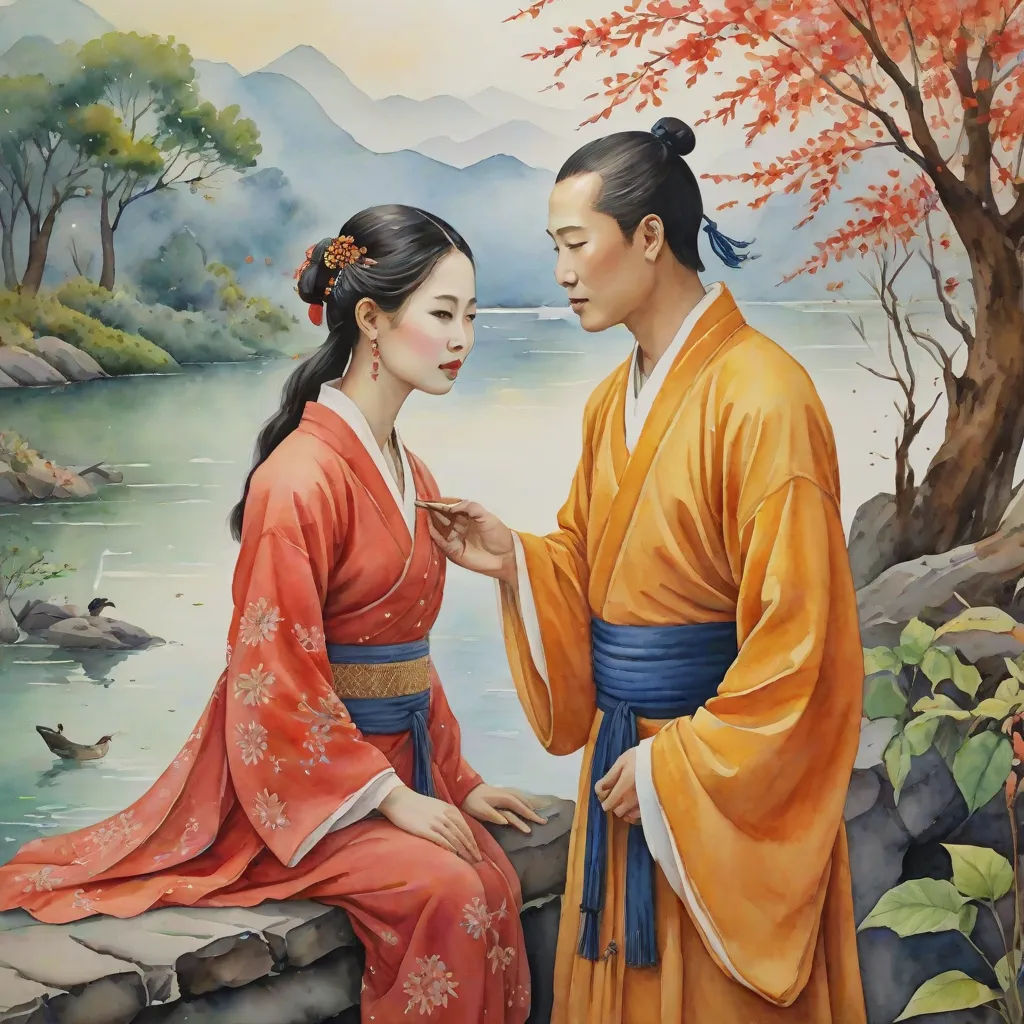 a painting of a man and woman in traditional chinese dress by a lake with a bird flying overhead and a tree with red leaves, Chen Chun, figurative art, a painting, highly detailed oil painting