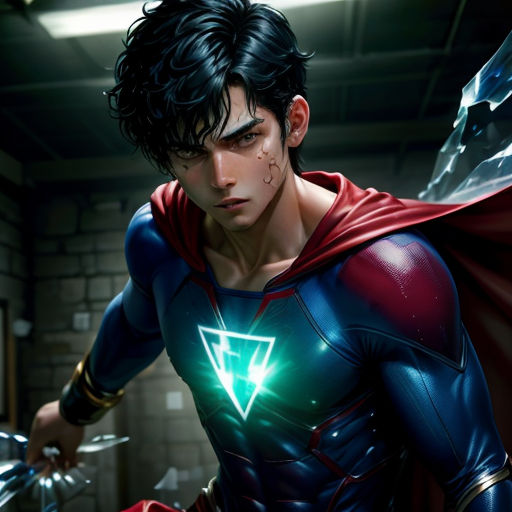 a man in a superman costume holding a sword and a shield with a green light on it's chest