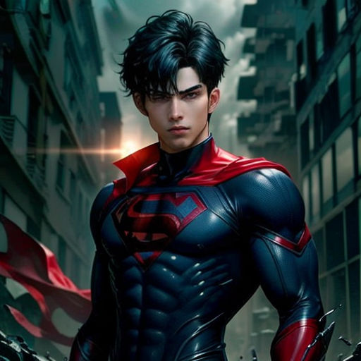 a man in a superman suit standing in a city street with a red cape on his chest and a red cape on his shoulder