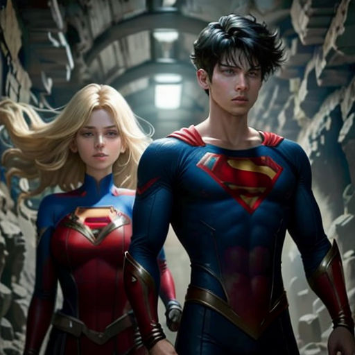 a man and a woman in superman and wonder costumes standing in a tunnel of rocks with a light shining on them