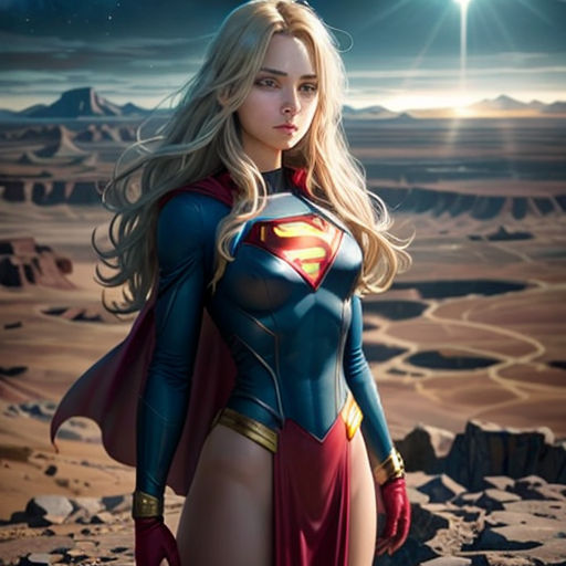 a woman in a superman costume standing on a rocky surface with a bright light behind her and a desert landscape behind her