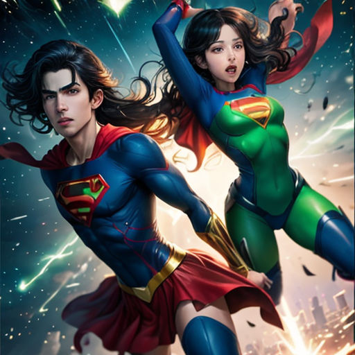 a couple of people in a comic book cover with a superman and wonder woman in the background and a city skyline