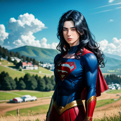 a woman in a superman suit standing in a field with a mountain in the background and a sky with clouds