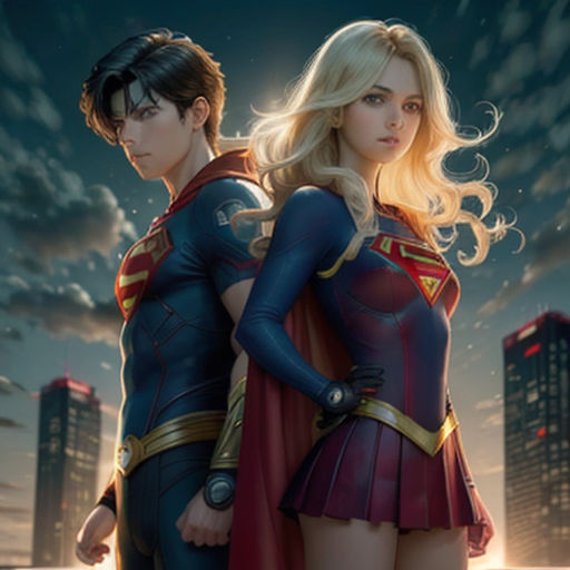 a couple of people standing next to each other in front of a city skyline with a sky background and clouds