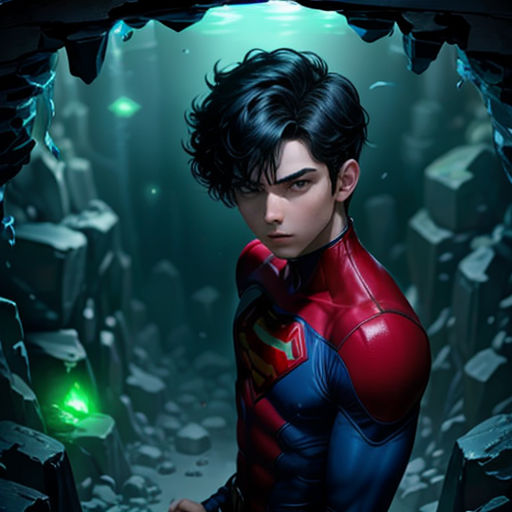 a man in a red and blue suit standing in a cave with a green light on his face and hands
