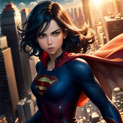 a woman in a superman suit standing in front of a city skyline with a red cape on her shoulders