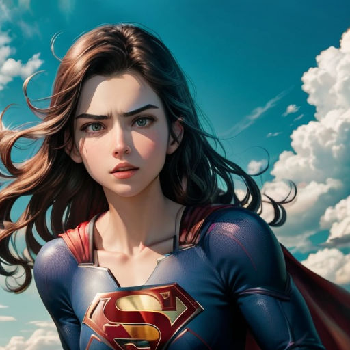 a woman in a superman suit standing in the sky with her hair blowing in the wind and clouds behind her