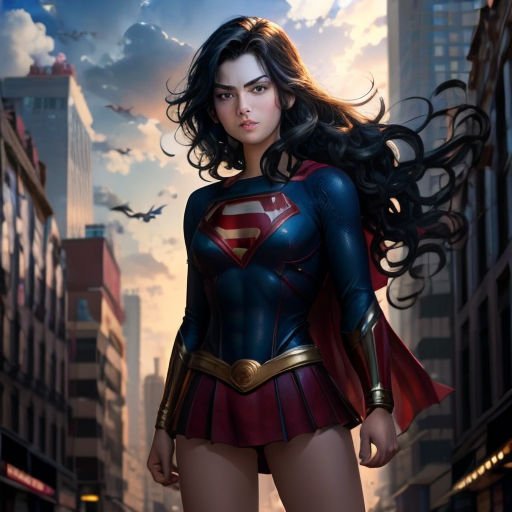a woman in a superman suit standing in the middle of a street with buildings in the background and a bird flying overhead