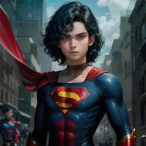 a woman in a superman suit standing in a city street with a man in the background and a red cape