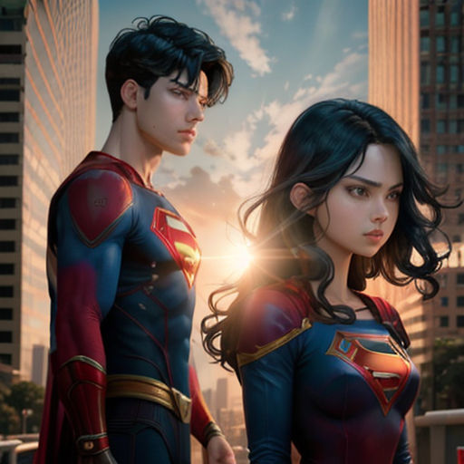 a man and woman in superman and wonder costumes standing in front of a city skyline with skyscrapers and skyscrapers