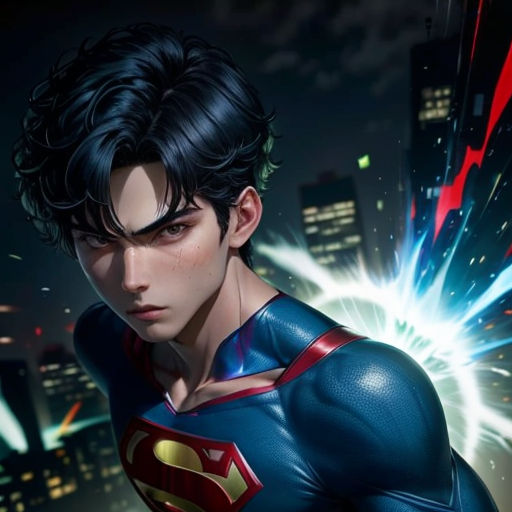 a man in a superman suit with a city background in the background and fireworks in the air above him