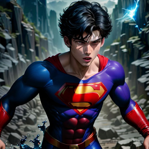 a man in a superman suit standing in front of a waterfall with a light shining on it's chest