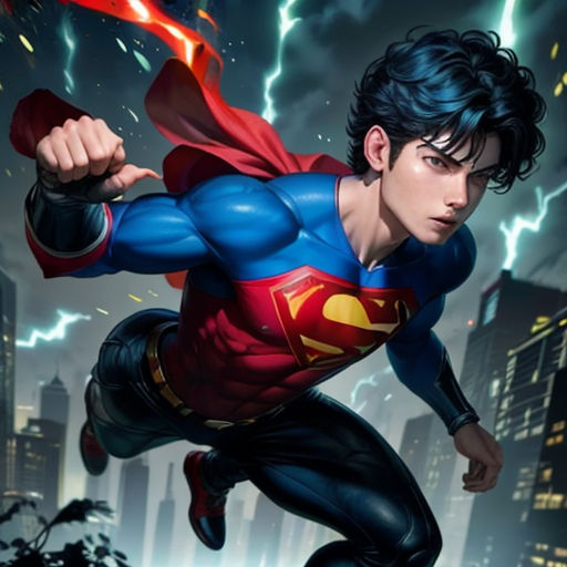 a man in a superman suit flying through the air with lightning behind him and a city skyline in the background