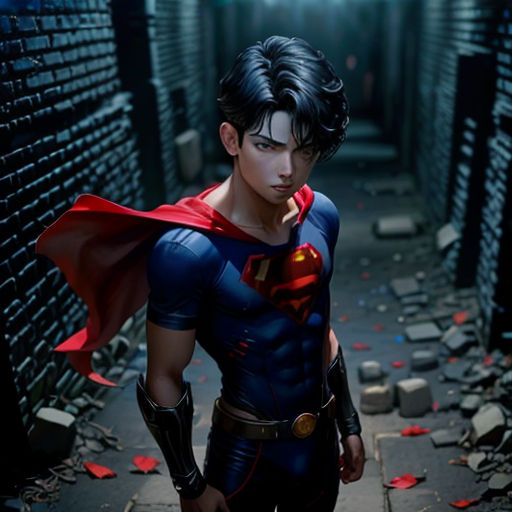 a man in a superman costume standing in a hallway with a red cape on his head and a red cape on his chest