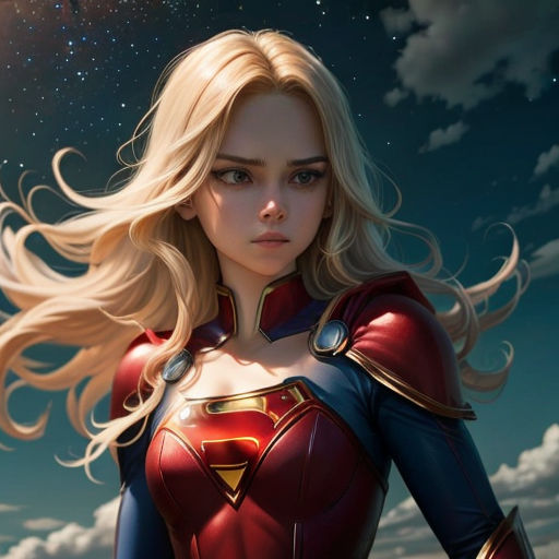 a woman in a red and blue costume standing under a star filled sky with clouds and stars in the sky