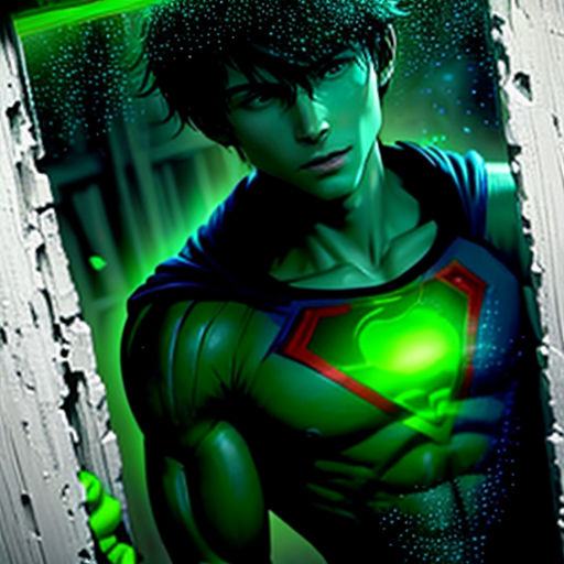 a man in a green suit with a green light on his chest and a green light on his chest