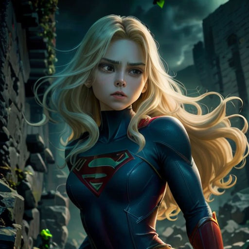 a woman in a superman suit standing in a dark alley with a bat flying overhead and a green light behind her
