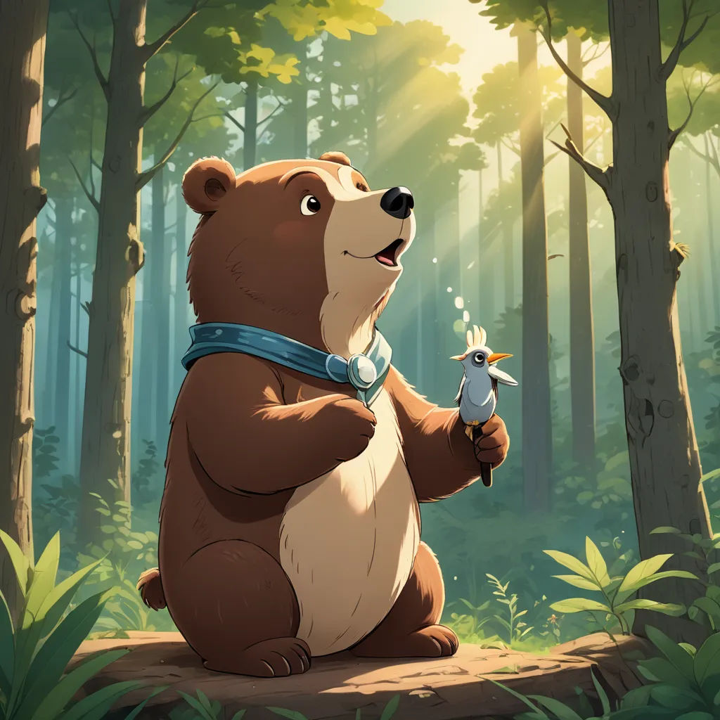 a bear is holding a bird in a forest with trees and sunlight shining through the trees behind it,, furry art, a storybook illustration, Chris LaBrooy, official art