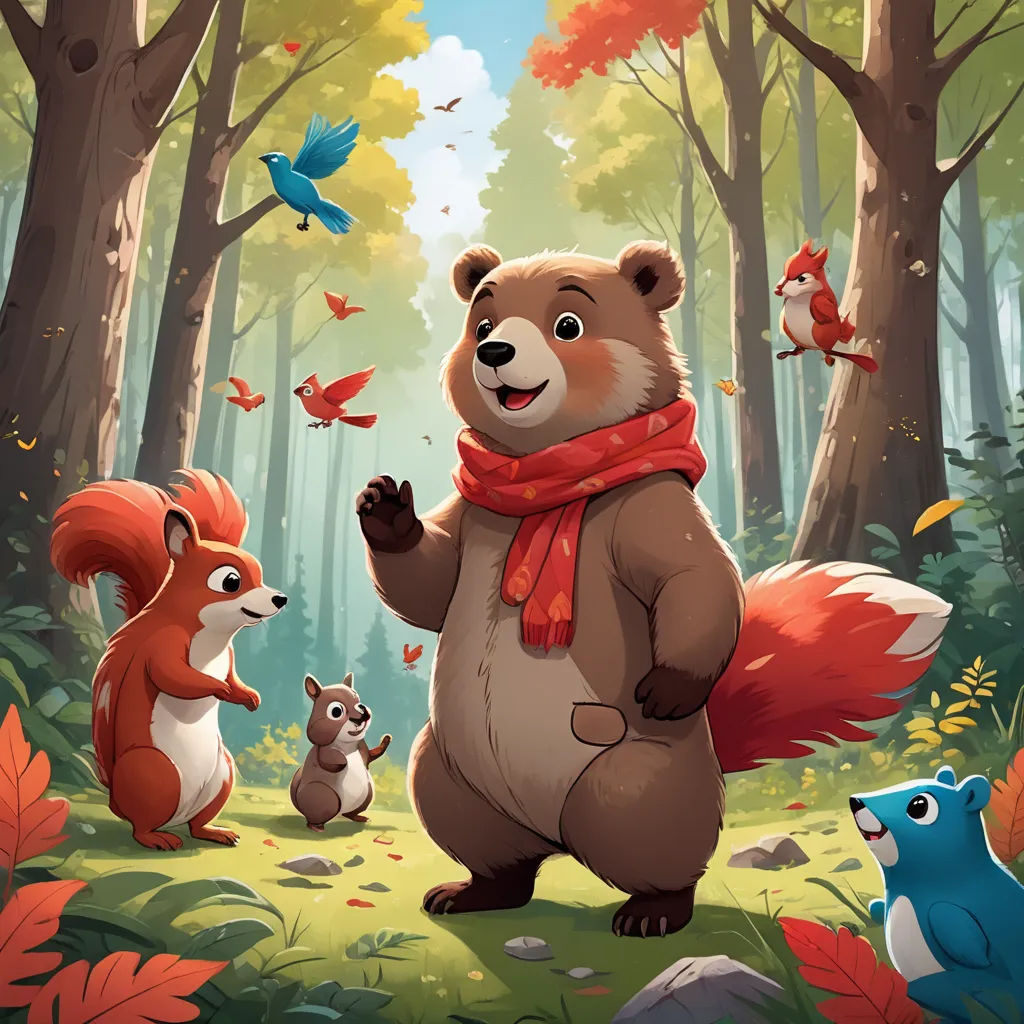 a bear and two other animals in a forest with trees and leaves in the background, and a blue bird flying overhead, furry art, a storybook illustration, Chris LaBrooy, key art