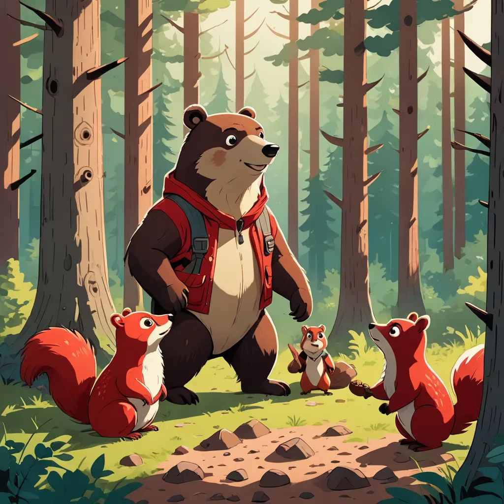 a bear and two squirrels in a forest with trees and rocks in the background, with a backpack on, furry art, a storybook illustration, Chris LaBrooy, key art