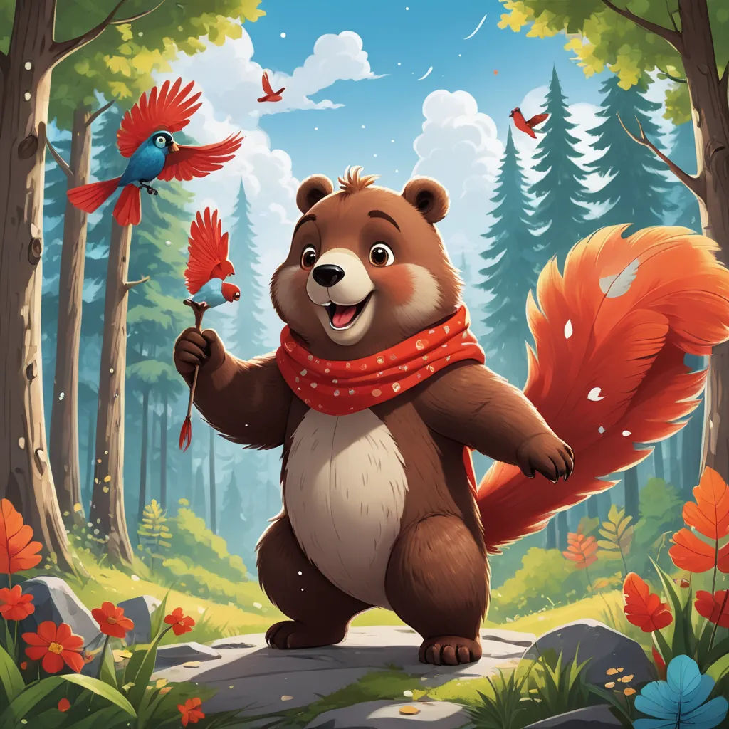 a cartoon bear holding a red flower in a forest with a bird flying above it and a bird on the tree, furry art, a storybook illustration, Chris LaBrooy, trending on art station