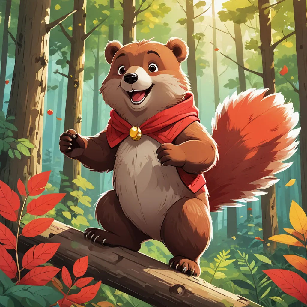 a cartoon squirrel is standing on a log in the woods with a red scarf around his neck and smiling, sots art, a character portrait, Chris LaBrooy, official art
