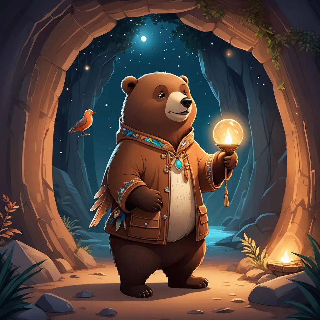 a bear holding a crystal ball in its hand in a cave with a bird on it's shoulder, fantasy art, a character portrait, Chris LaBrooy, game art