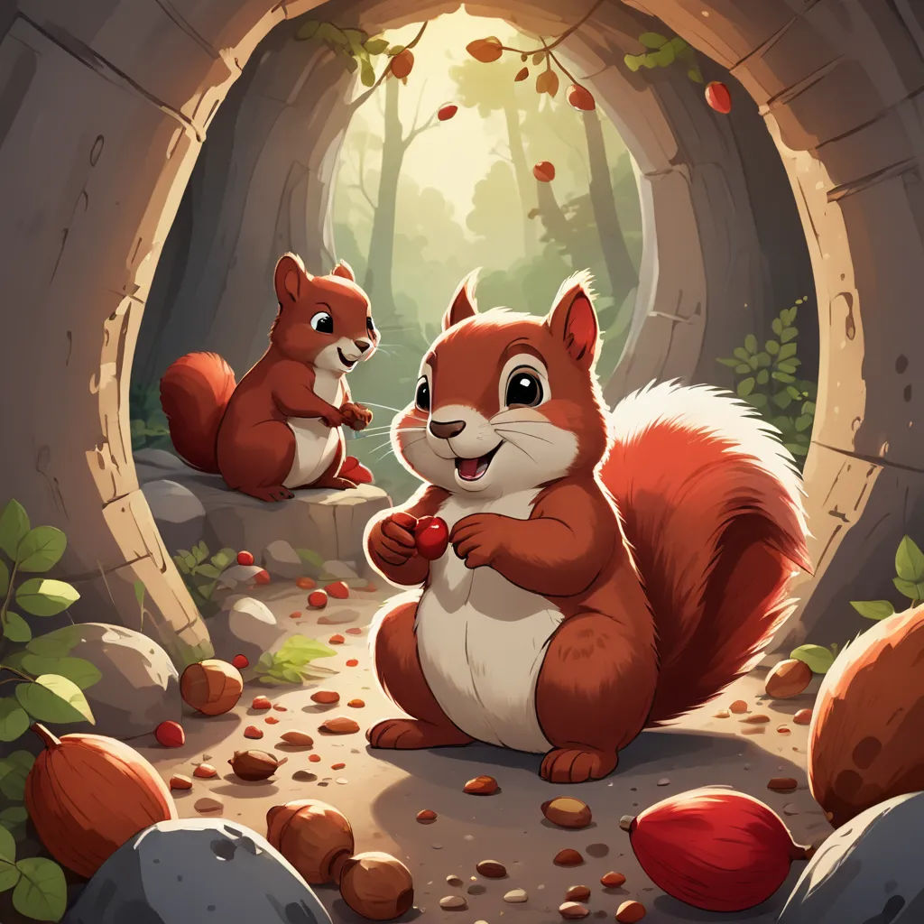 a squirrel and a squirrelling are sitting in a cave with leaves and rocks on the ground and a light coming through the hole, altermodern, a storybook illustration, Chris LaBrooy, official art