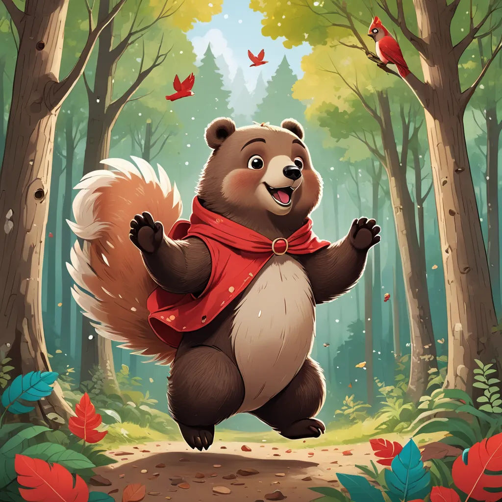 a cartoon bear is running through the woods with a scarf around his neck and a red scarf around his neck, sots art, a character portrait, Chris LaBrooy, official art