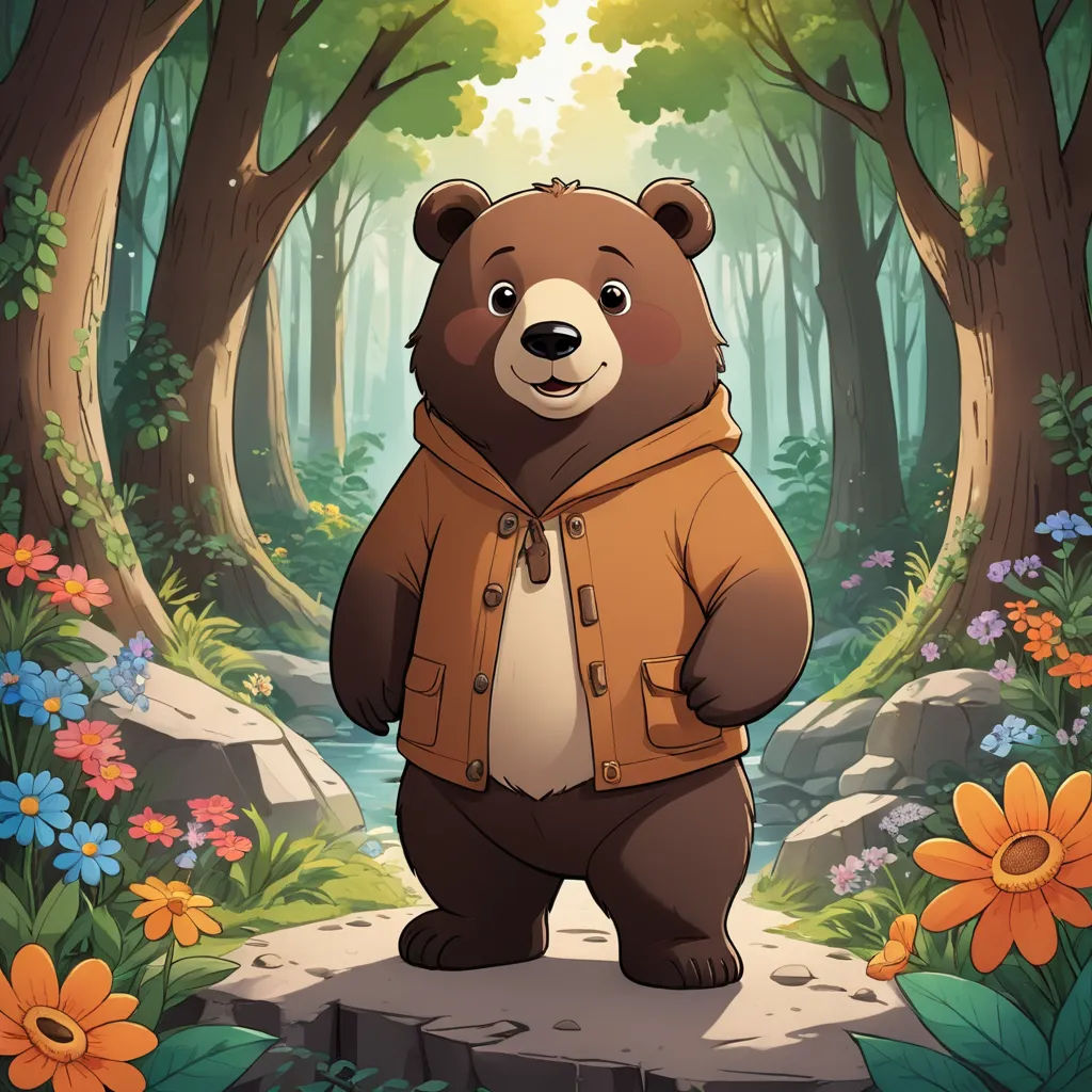 a bear in a brown jacket standing in a forest with flowers and trees around him, with a sun shining through the trees, furry art, a character portrait, artist, official art
