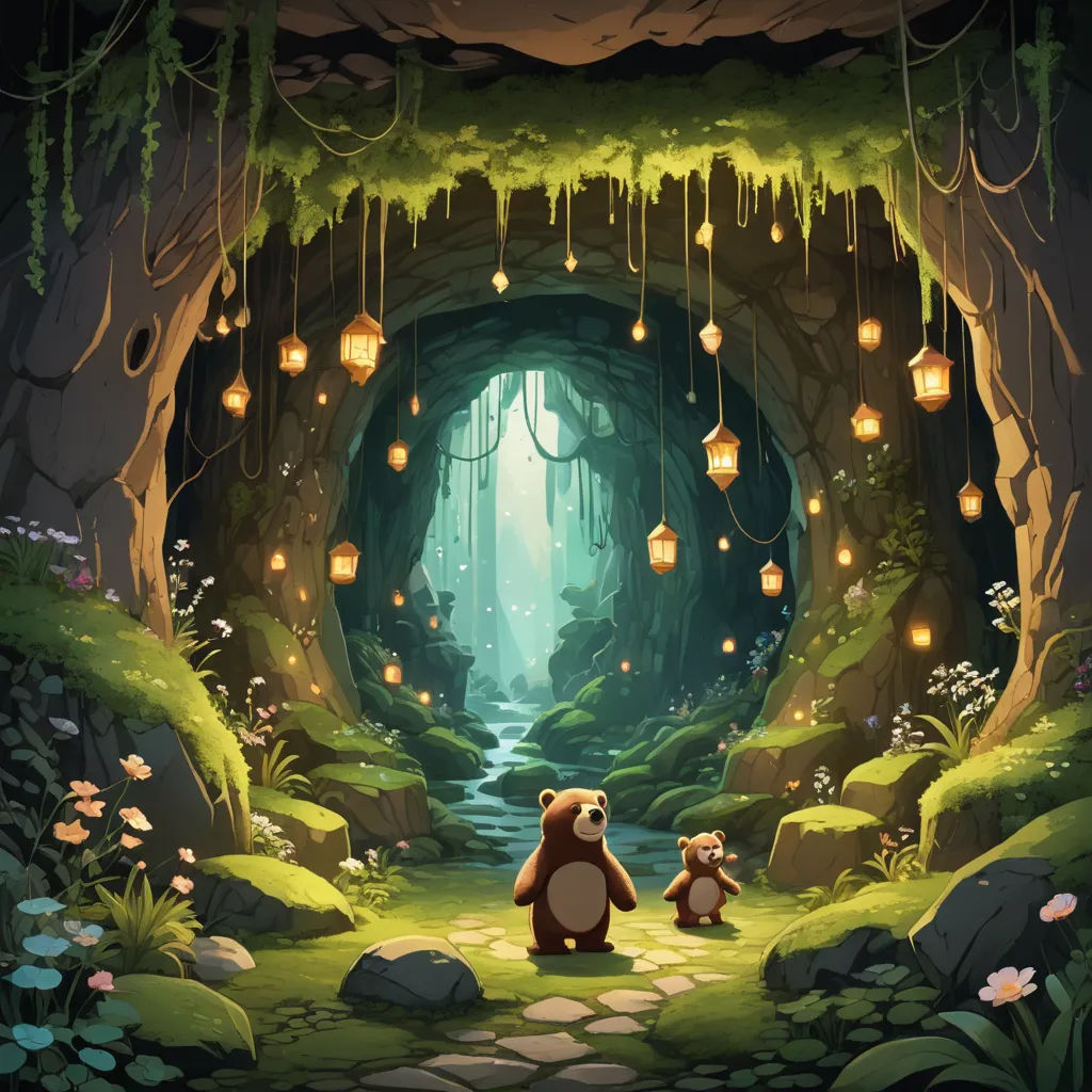 a bear and a bear cub are in a cave with lanterns hanging from the ceiling and a stream of water, fantasy art, a storybook illustration, Chris LaBrooy, 2 d game art