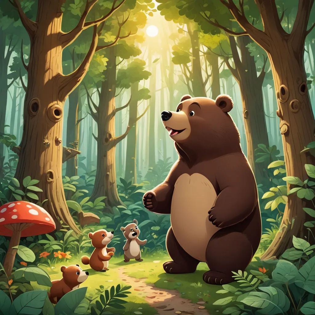 a bear and two other animals in a forest with mushrooms and mushrooms on the ground and trees and mushrooms on the ground, environmental art, a storybook illustration, Chris LaBrooy, official art