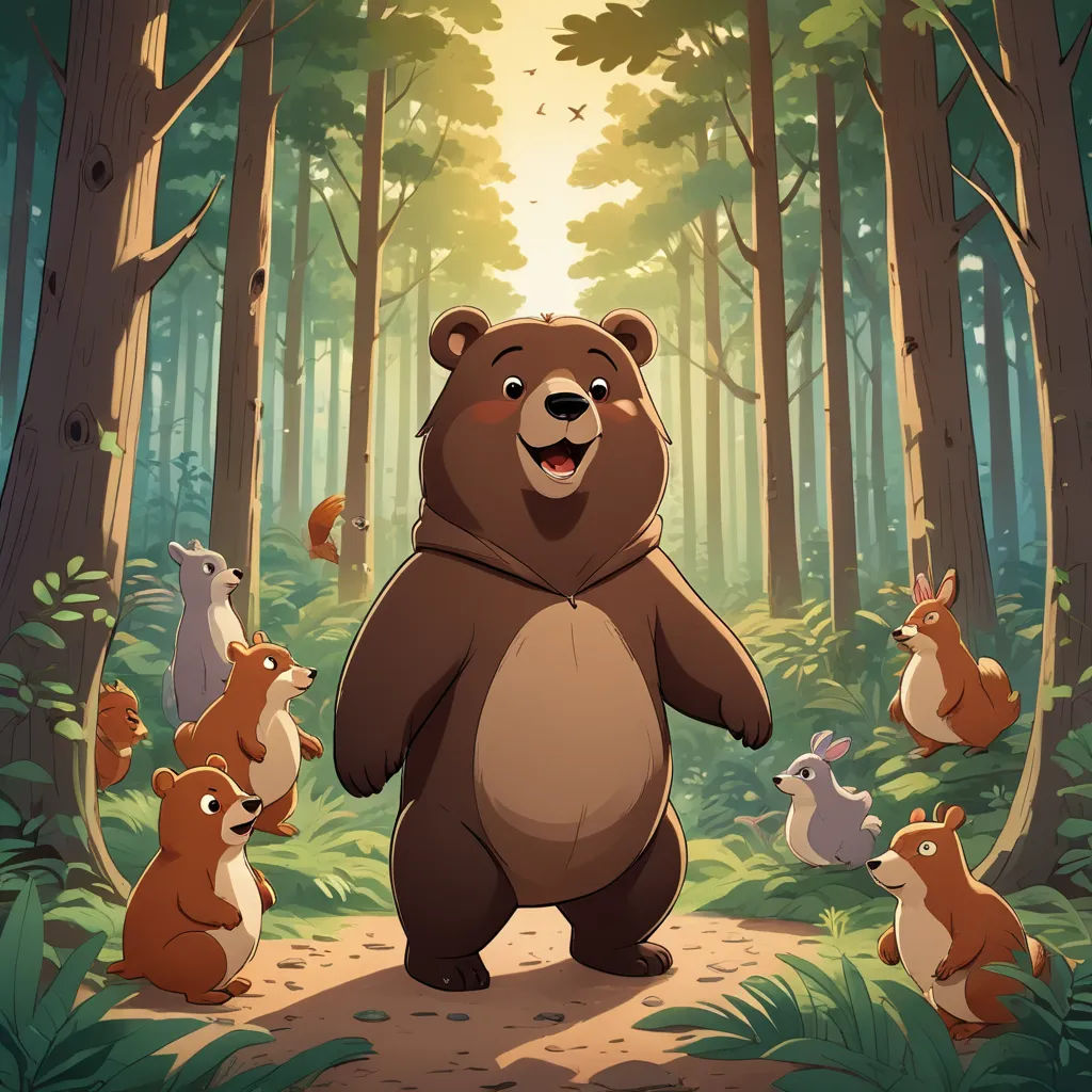 a bear standing in the middle of a forest with other animals around him and a forest background with trees, furry art, a storybook illustration, Chris LaBrooy, official art