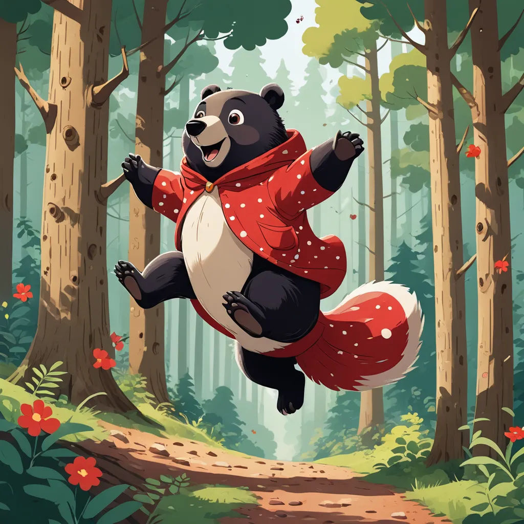 a cartoon bear is jumping in the air in the forest with a red scarf around his neck and a red jacket on, furry art, a storybook illustration, Chris LaBrooy, trending on art station