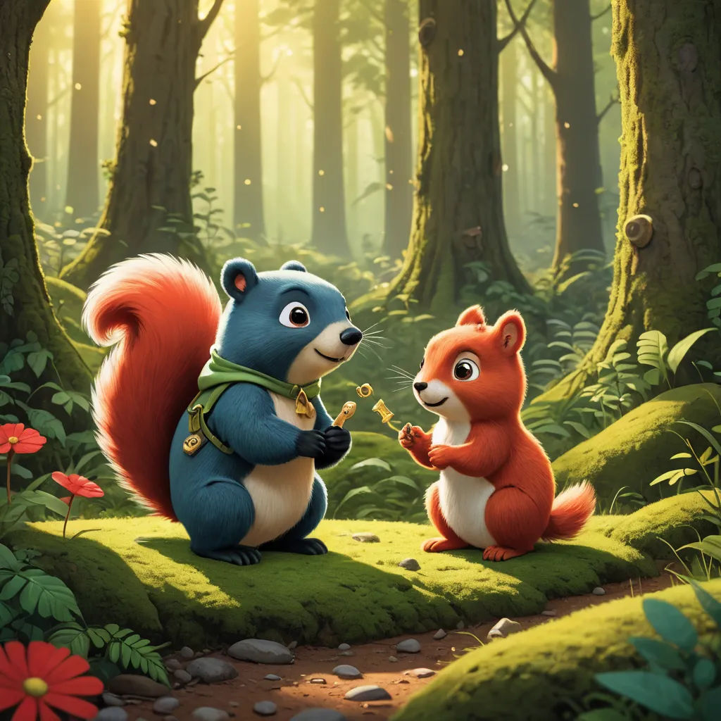 a squirrel and a squirrelling in a forest with flowers and trees in the background, one of the animals is eating a leaf, furry art, a storybook illustration, Chris LaBrooy, key art
