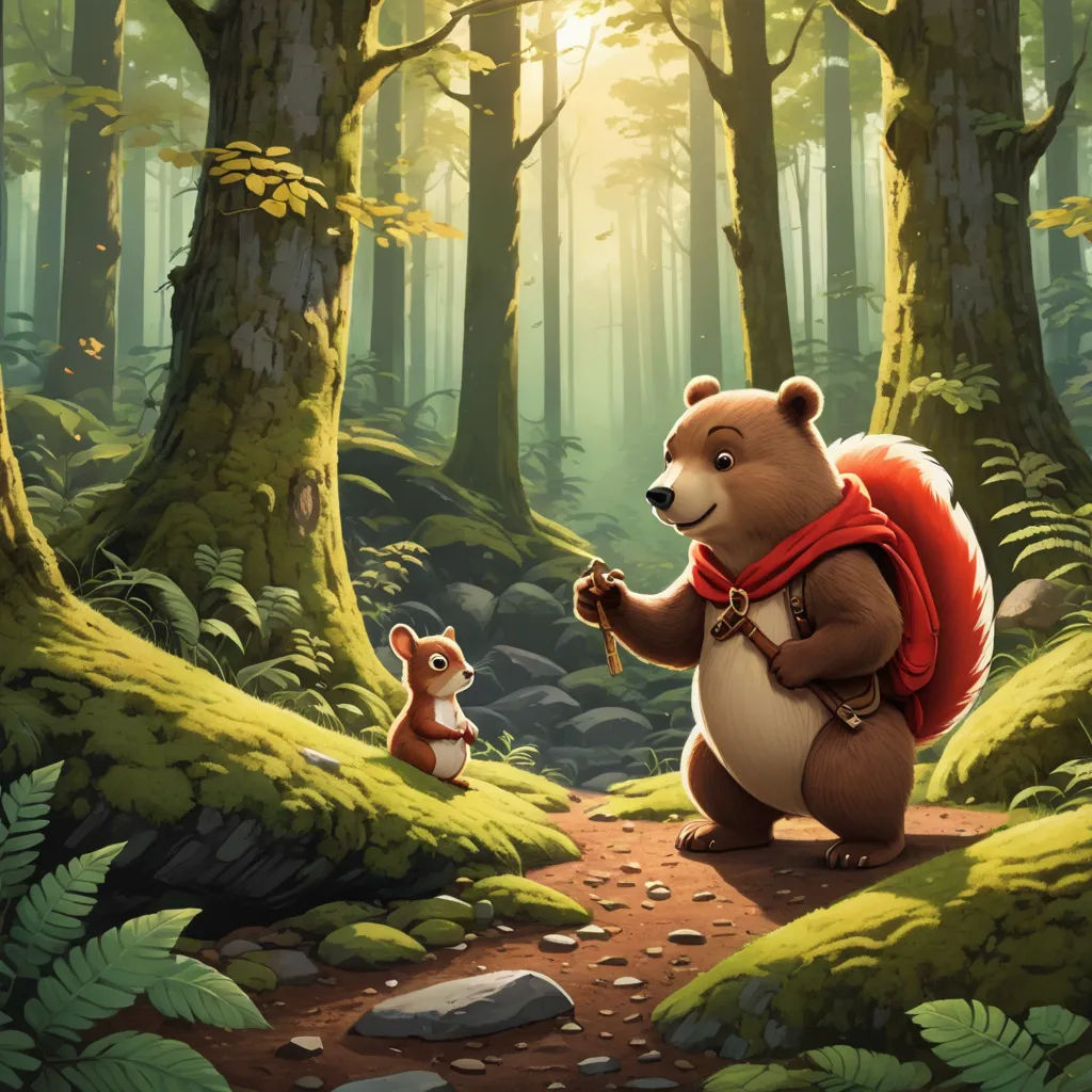 a bear and a squirrel in a forest with sunlight coming through the trees and leaves on the ground and a squirrel in the foreground, sots art, a storybook illustration, Chris LaBrooy, official art