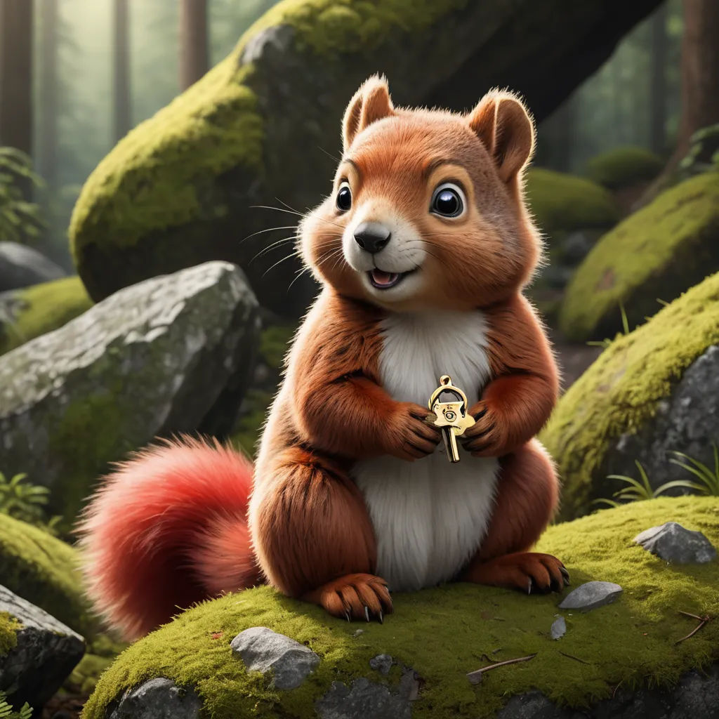 a squirrel is sitting on a mossy rock and smiling at the camera with a bell in its hand, furry art, a character portrait, Chris LaBrooy, key art
