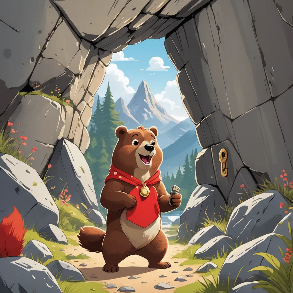 a bear is standing in a cave with a red shirt on and a red scarf around his neck and a red shirt on, sots art, a character portrait, Chris LaBrooy, 2 d game art
