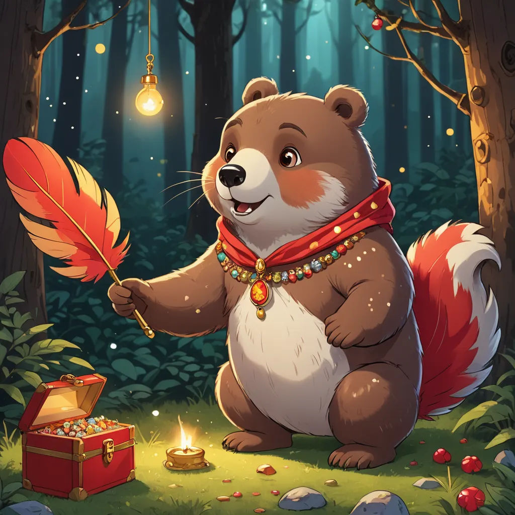 a bear holding a feather and a red box in the woods with a light bulb hanging from it's side, sots art, a character portrait, Du Jin, official art