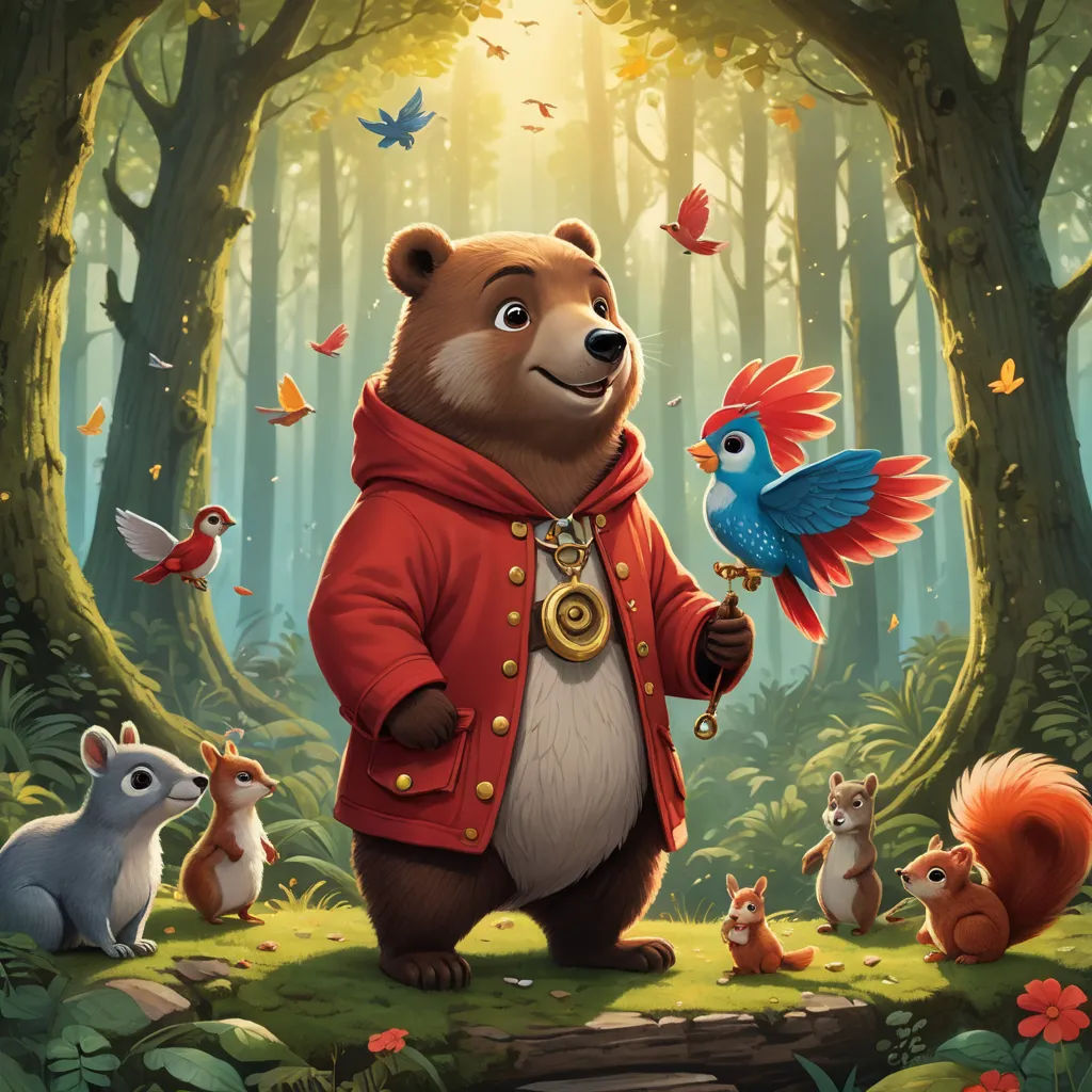 a bear in a red jacket surrounded by animals in a forest with a bird on his shoulder and a bird on his shoulder, sots art, a storybook illustration, Chris LaBrooy, key art