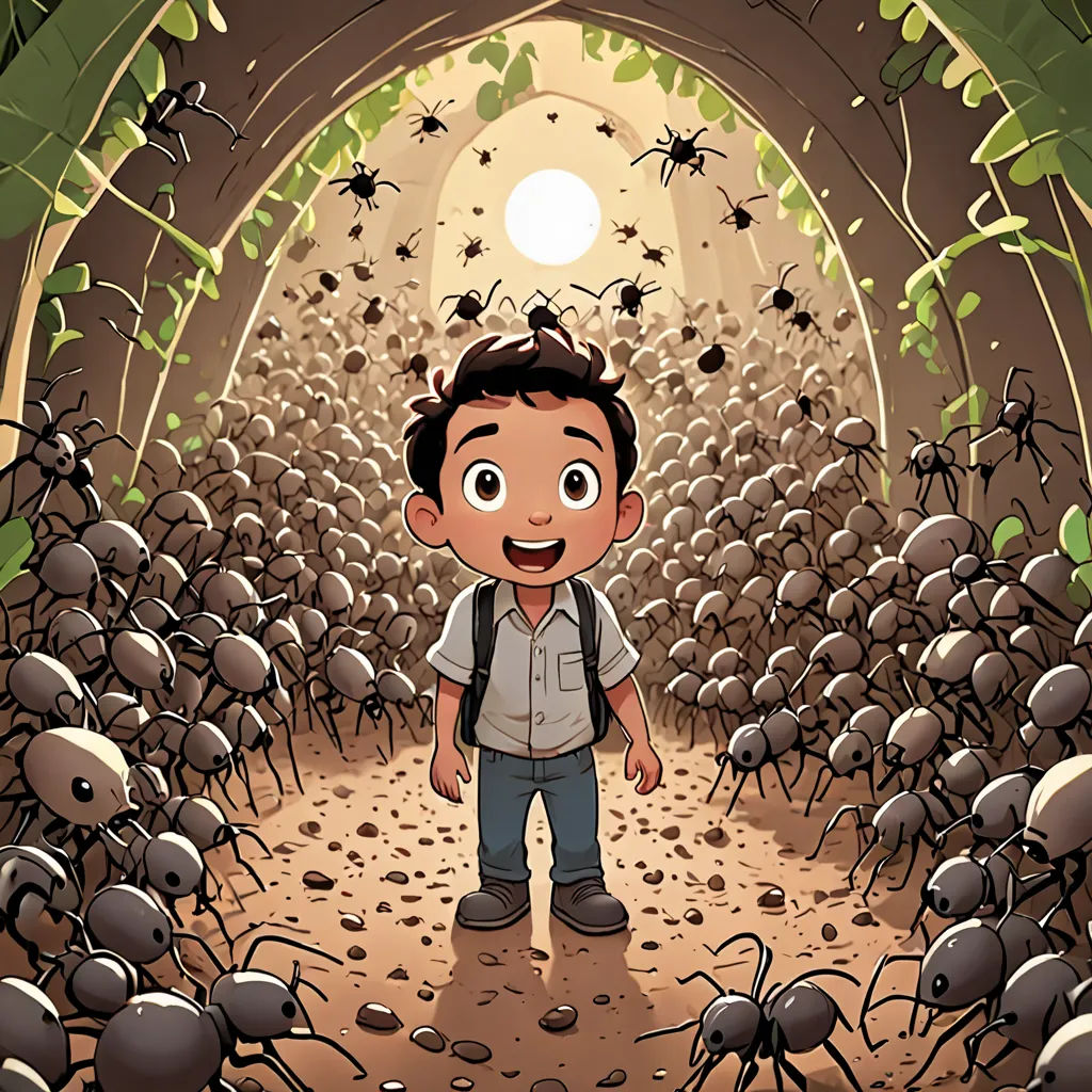 a boy standing in a tunnel of ants with a light on his face and a lot of them in the background, neo-primitivism, a storybook illustration, Asaf Hanuka, rossdraws global illumination