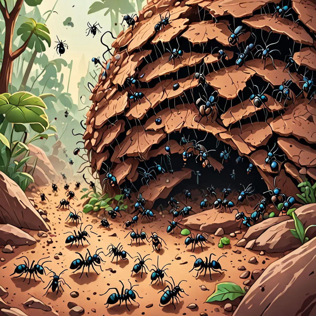 a group of ants walking around a cave in the woods with a man in the background looking at them, primitivism, a storybook illustration, Chris LaBrooy, detailed illustration