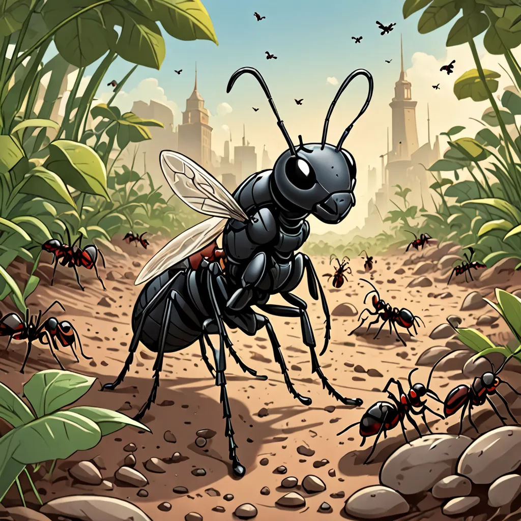 a group of ants walking across a dirt field next to a forest filled with green leaves and tall buildings, antipodeans, an illustration of, Dan Mumford, detailed illustration