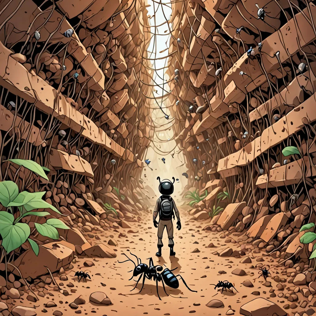 a man walking through a tunnel of rocks with ants crawling on it's sides and a man in a suit on his knees, neo-primitivism, poster art, Asaf Hanuka, comic cover art