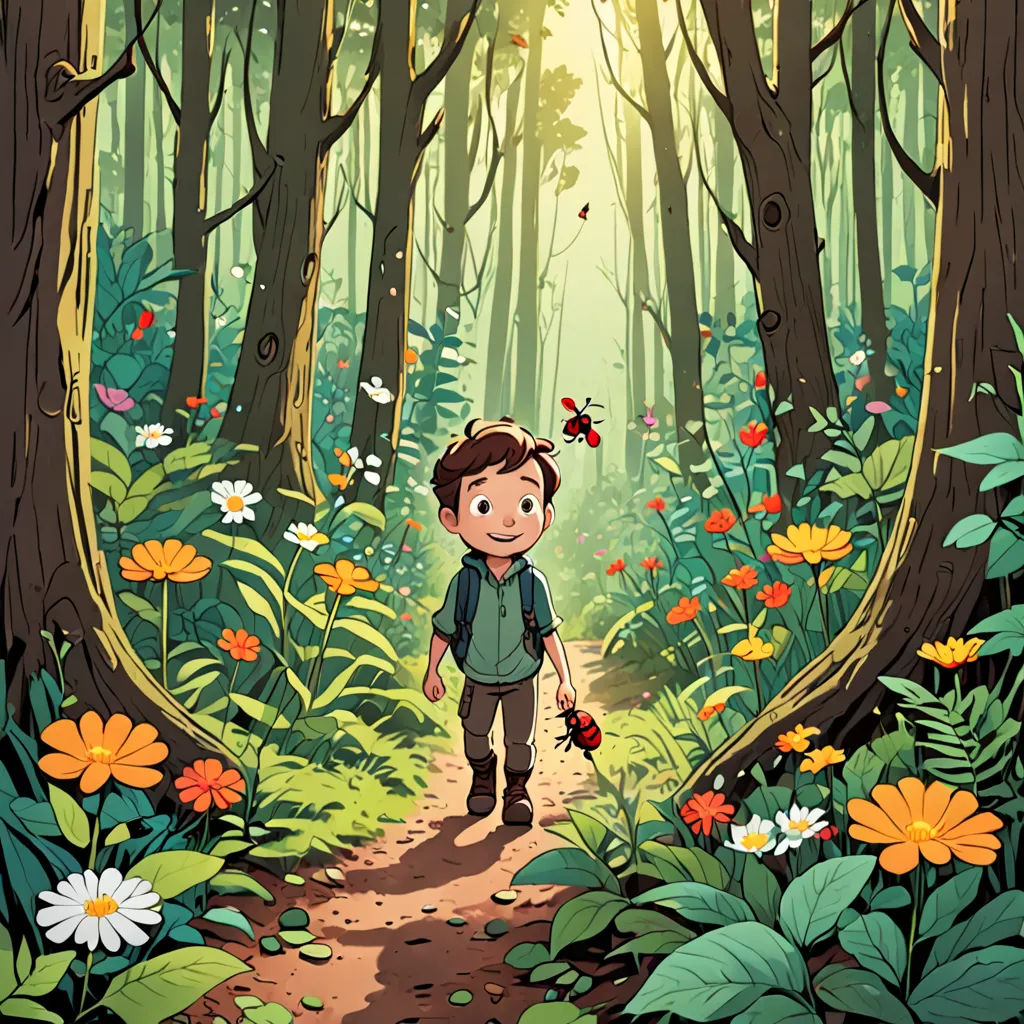 a boy walking through a forest with lots of flowers on the ground and trees in the background, with a sunbeam in the middle, environmental art, a storybook illustration, Cliff Childs, book cover