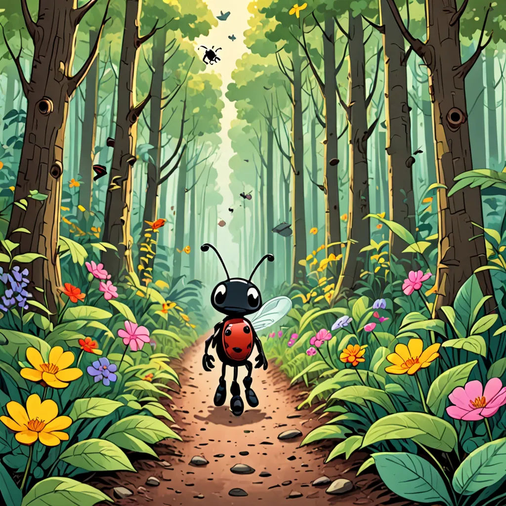 a bug walking down a dirt road in a forest filled with flowers and trees, with a bug on the ground, environmental art, a storybook illustration, Asaf Hanuka, promotional image