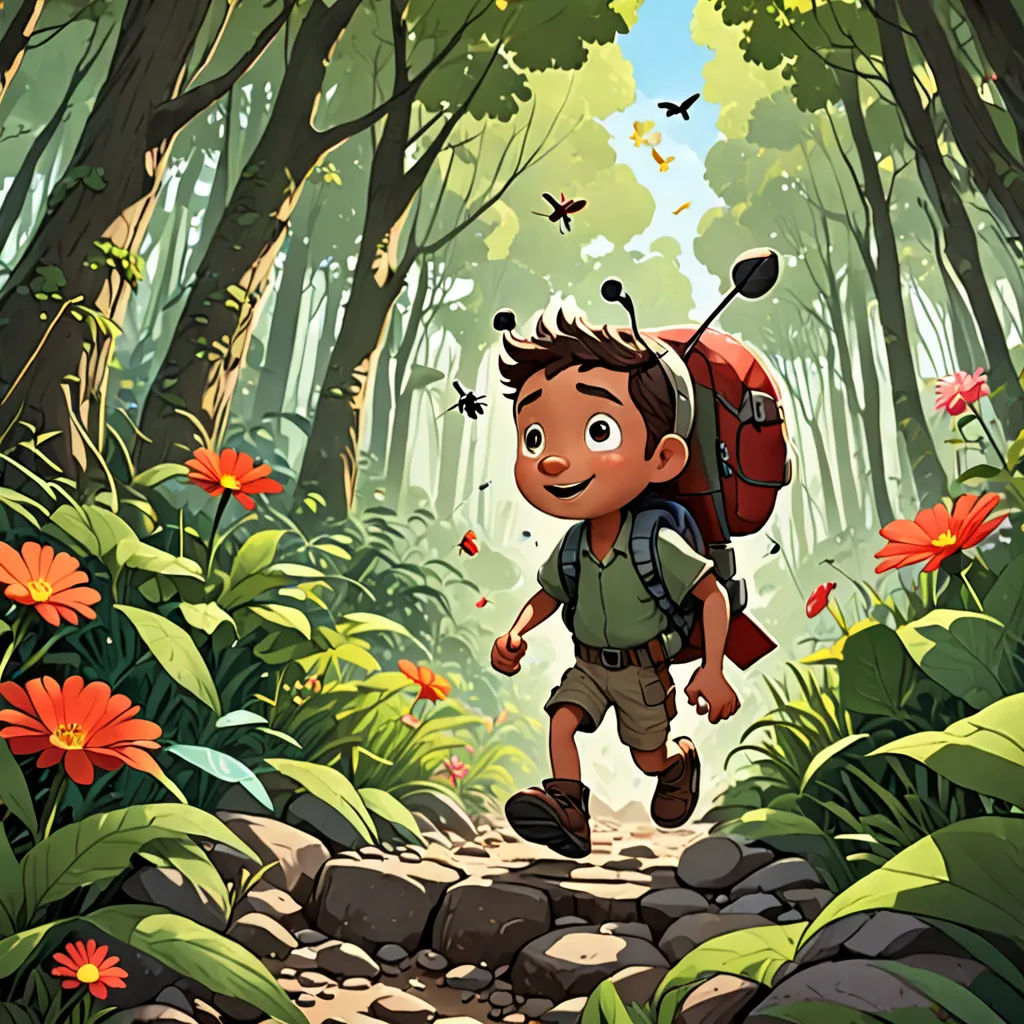 a boy with a backpack is walking through a forest with flowers and butterflies on his back and a butterfly on his head, environmental art, a storybook illustration, Asaf Hanuka, promotional image