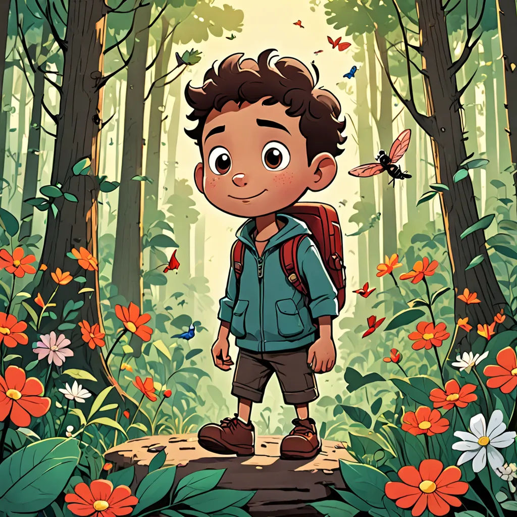 a boy with a backpack standing in a forest with flowers and butterflies around him, looking at the camera, private press, a character portrait, Diego Gisbert Llorens, promotional image